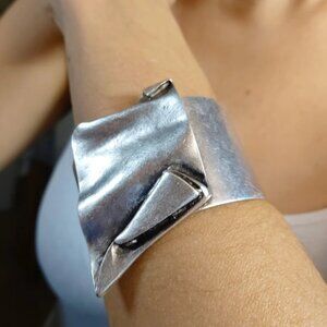 BRUTALIST Asymmetrical Cuff Bracelet, Antique Silver Statement Chunky BangleCUff